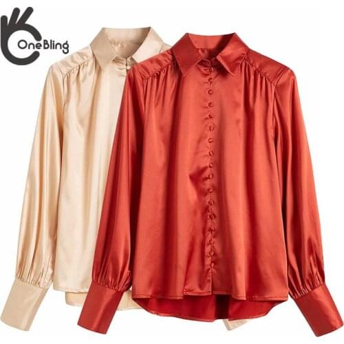 OneBling Za Woman 2021 Casual Tops Summer Ruched Long Sleeve Single Breasted High Low Hem Satin Loose Shirt Traf Blouses