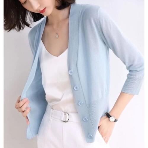 Women 2021 Fashion Spring Summer New Casual Long Sleeve Ice Silk Outerwears Female Chic V-neck Single Breasted Cardigans S406