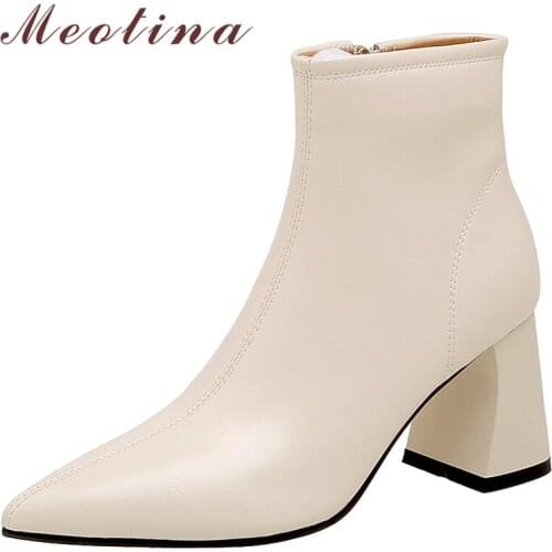 Meotina Women Shoes Genuine Leather Ankle Boots Thick High Heel Boots Pointed Toe Zipper Footwear Autumn Big Size 42 Apricot
