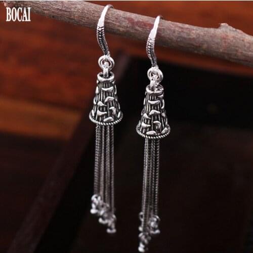 BOCAI 2020 new 100% real S925 sterling silver ear jewelry woman Thai silver handmade silver fashion tassel woman earrings