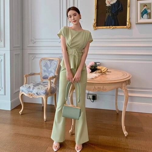 Vintage Short Sleeve Top Casual Solid Women OL Professional Long Flare Pants Streetwear O-Neck Sashes Shirt Blouse 2 Pieces Set