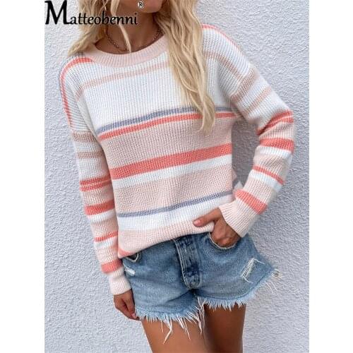 Plus Size Loose Knitted Sweater Women Jumpers Long Sleeve Ladies Pullovers Sweaters Casual Winter Color Block Striped Sweater