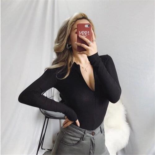 Retro Sexy V Neck Bodysuit Women Black Long Sleeve zipper Womens Jumpsuit Womens T Shirt 2020 Casual One-pieces Bodysuits