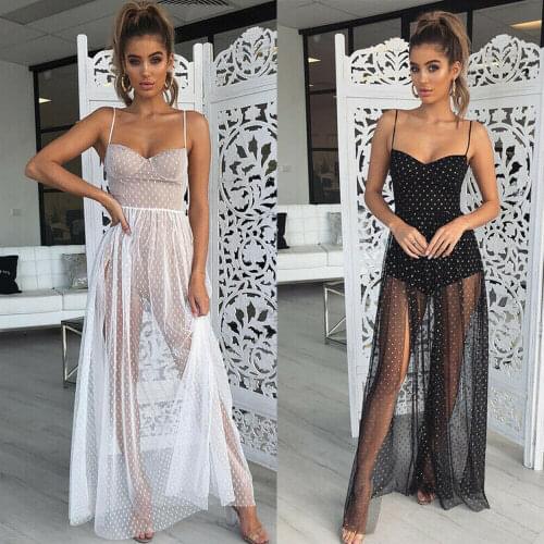 Women Ladies Girls Sleeveless Strap Mesh See Through Boho Maxi Dress Bikini Cover Ups Sundress