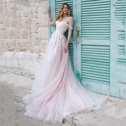 New A Line Off Shoulder Pink Tulle Wedding Dress 2021 Lace Appliques Country Garden Corset Bridal Gowns Robe de mariage