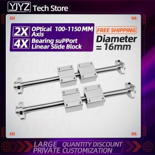 2pc Optical Axis 100-1150mm Smooth Rods 16mm Linear Shaft Rail With 4pc SC-16UU+4pc SHF16 3D Printers Parts Chrome Plated Guide