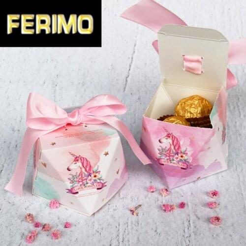 5pcs Unicorn Paper Gift Box Cartoon Paper Bags Baby Shower Birthday Party Decorations Chocolate Cookie Candy Box with Ribbon