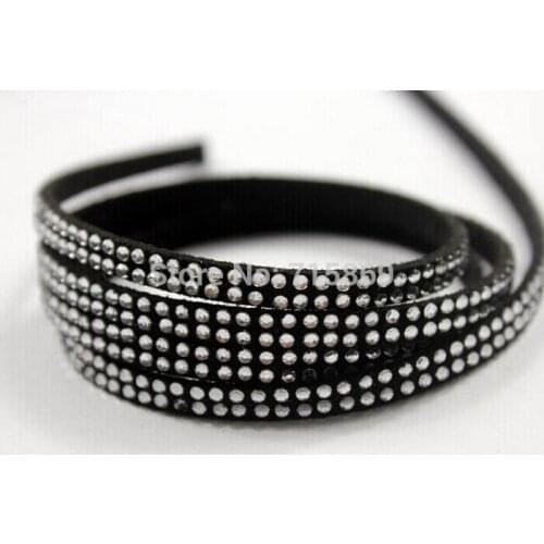 Free Ship 100 Meterse 5mm*1.5mm Black Flat Faux Suede Leather Cord With Two Lines Silver Studs