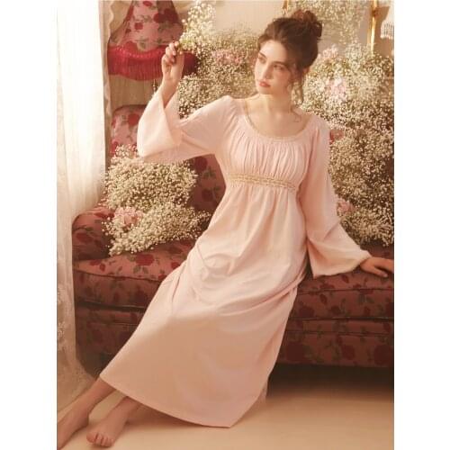 Free Shipping 2021 NEW Vintage Royal Cotton Nightgowns Womens Long Pijamas Pink Sleepwear Lace Nightdress pijama feminino