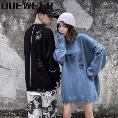 Dueweer Mens Ripped Sweaters Pullovers Hip Hop Distressed Autumn Winter Streetwear Loose Casual Jumpers Women Sweater