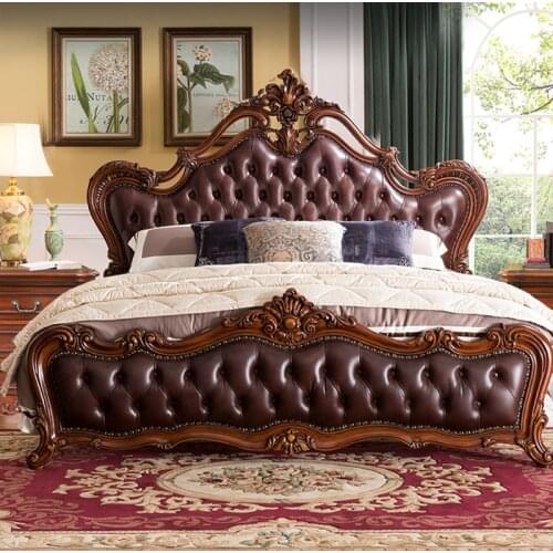 European-style Solid Wood Double Bed Wedding Bed American Furniture 1.8m Master Bedroom Leather Soft-covered Princess Bed
