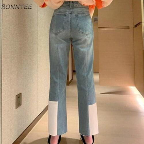 Jeans Women Straight Panelled Ripped Washed Ankle-length Trousers High Waist Korean Style Streetwear Casual New Ins Chic Ulzznag