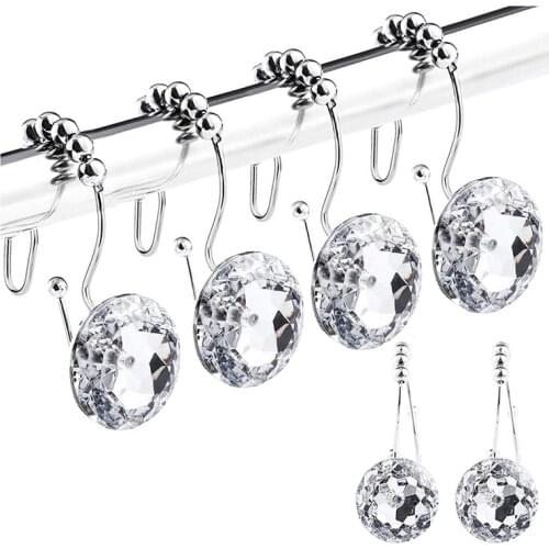 Hot Sale 12PCS/Set Shower Curtain Hooks for Bathroom Stainless Steel Shower Ring Hangs Round Crystal Hook for Curtains