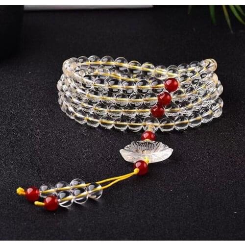 Healing stone Natural White Crystal Collocation Lotus Onyx Pendant 108 Buddhism Bead Bracelet