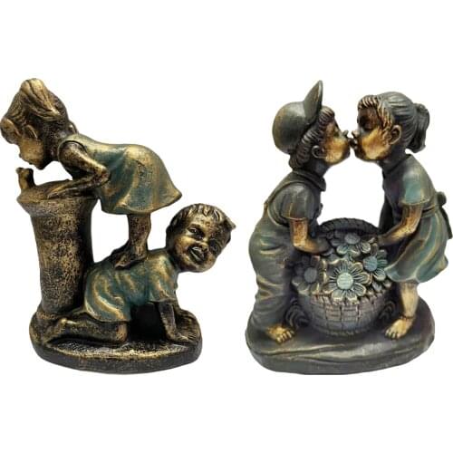 Gleamy Playing Children Garden Statue Lovely Resin Boy & Girl Sculpture