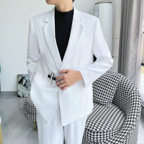 2021 Autumn Lock Buckle Suit for Men Slim Korean Formal Dress 2 Pieces Set Office Work Party Prom Clothing Business Casual Suits