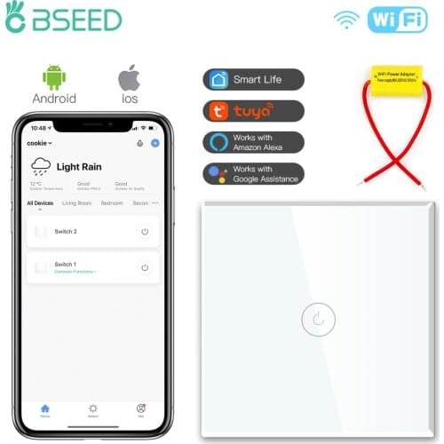 BSEED WIFI Wall Switches Smart Touch Screen LED light Switches 1/2/3Gang Glass Google Alexa App Control Switch Single Live Wire