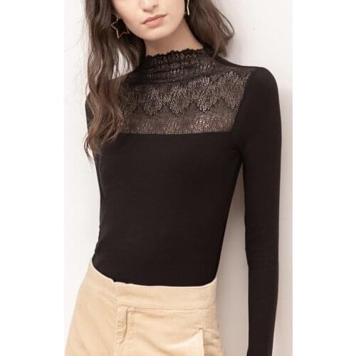 New semi-high collar stitching white thick warm single wear long-sleeved lace bottoming shirt top womens tide