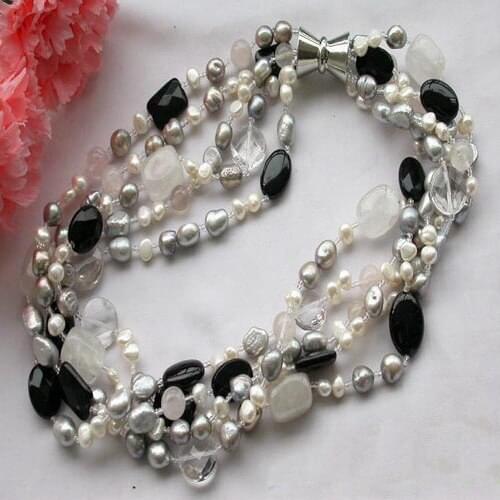 New Arriver Pearl Jewellery,5Rows 19inch Gray White Baroque Freshwater Pearl Crystal Aga-te Neckalce,Fashion Women Party Gift