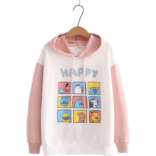 2021 Autumn Women Cotton Hoodies Sweet Style Cartoon Print Harakuju Hooded Sweatshirt Korean Girly Cotton Drawstring Cute Tops