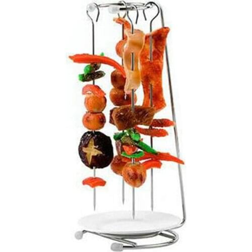 Stainless Steel BBQ Kabob Skewers Stand Vertical Skewer Rack Holder Set With A Base Plate With 4 Grilling Skewers