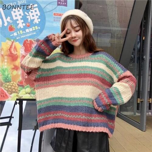 Pullover Women Striped Korean Style O-neck Leisure Stylish Elegant All-match Cozy Loose Colorful Ins Female Knitted Sweater Chic