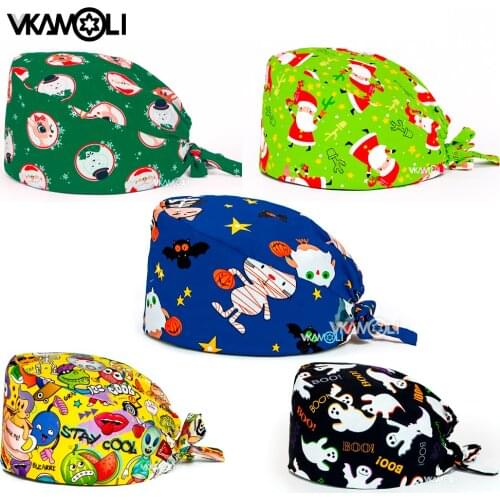 Halloween skull print Scrub Cap Women and men Cotton Adjustable Scrub hat Christmas hat lab work hat pet shop hat nurses hats
