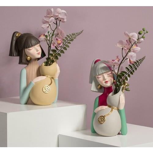 Nordic Resin Girl Sculpture Creative Vase Modern Home Decor Living Room Desktop Decoration Accessories Flower Arrangement Vases