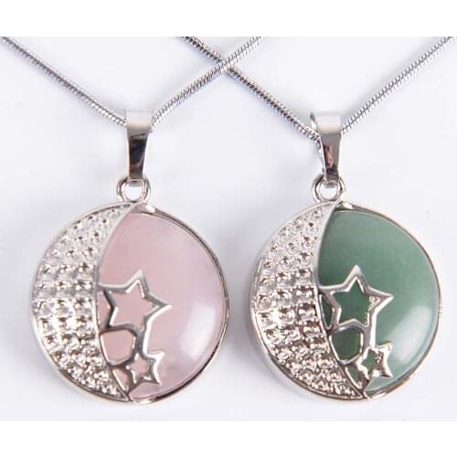 Reiki Chakra Yoga Semi Precious Natural Stone Pendant Rose Crystal Necklace Female Jewelry Love Moon Stars Back Hollow D055A