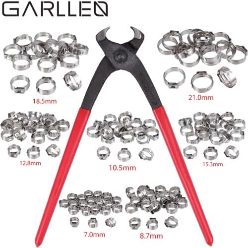 GARLLEN 130Pcs 6-21mm Single Ear Stepless Hose Clamps Crimping Tool Kit Assortment Cinch Clamp Ring & Crimper Crimping Hand Tool