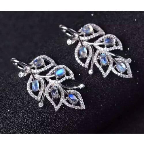 Natural blue moonstone Pendant natural amethyst Large leaf shape pendant 925 sterling silver Female party luxurious jewelery