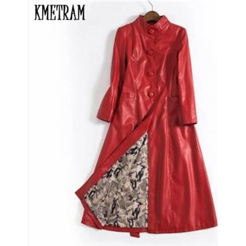 KMETRAM 2020 Fashion New Style Slim Long Red Leather Jacket For Women Elegant Temperament Warm Chaquetas Invierno Mujer HH997