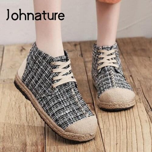 Johnature Women Boots 2021 New Hemp Women Shoes Lace-up Round Toe Flat With Plaid Sewing Concise Handmade Ankle Platform Boots