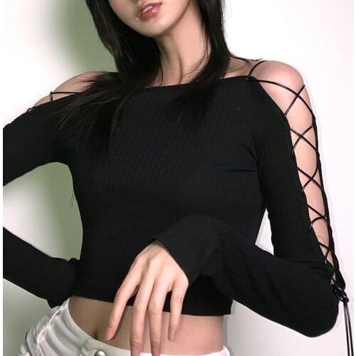 Slash Neck Bandage Hollow Out Black Women T-Shirts Summer New Sexy 2021 Long-Sleeved Slim Short Empired Female Pulls Tops Tees