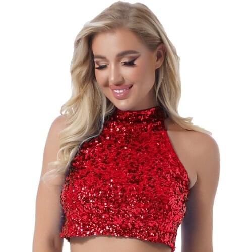 Ladies Festival Party Nightclub Costumes Womens Sparkling Glitter Vest Tops Fashion Sequin Tank Top Sleeveless Mock Neck T-shirt