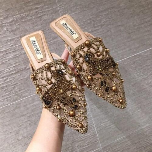 Womens Pointed Toe Flamingo Rhinestones Crystal Rivet Loafers Low Heel Mules Shoes Slippers Slides Slip On Mesh New 2022