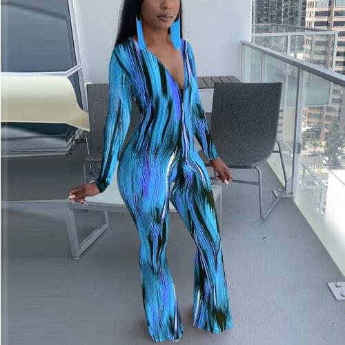 Women Jumpsuit Long Sleeve V Neck Gradient Color Printing Skinny Slim Fashion Jumpsuit Chic Streetwear Fall