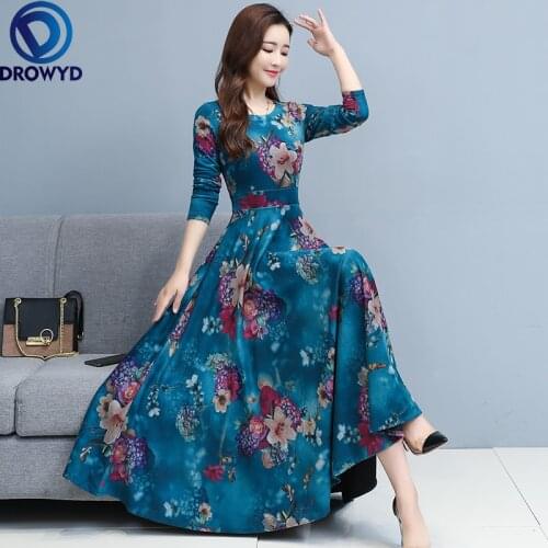 2021 Autumn Boho O Neck Midi Casual Dress Blue Long Sleeve Red Floral Dresses for Women Fashion Elegant Bodycon Party Vestidos
