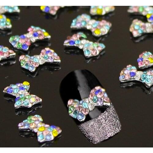 10pcs 3D Nail Art Decoration Colorful Bow Alloy Jewelry Glitter Rhinestone Stickers Set Bowknot Pedicure Manicure