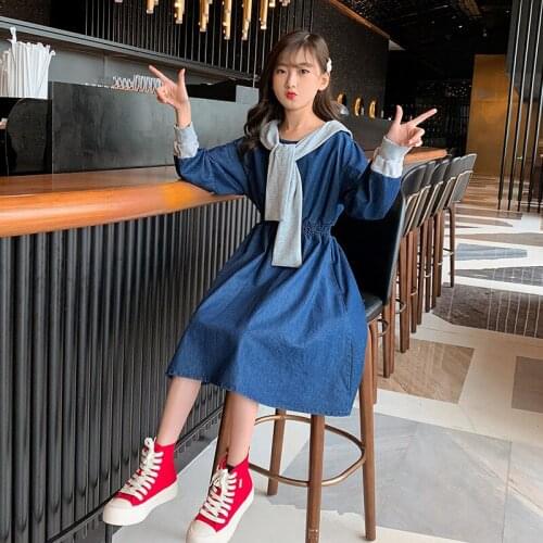2021 Autumn Streetwear Girls Denim Dress Long Sleeve Casual Shawl Dresses Fashion Korean Spring Girl Clothes Size 8 10 12 14 Yrs