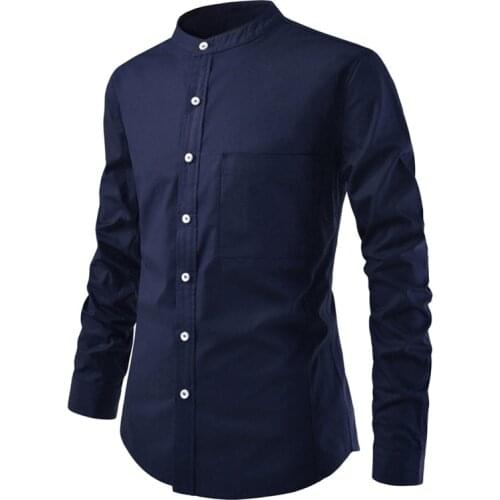 2021 Men Shirts Long Sleeve Pure Color Casual Fashion Slim Shirts Small Standing Collar Large Pocket Blouse Male Tops 2XL
