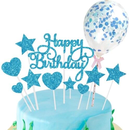 22pcs Blue Birthday Cake Toppers Confetti Balloon Cake Decor Star Cupcake Decor Adult Birthday Dec Happy Birthday Decor Kid Girl