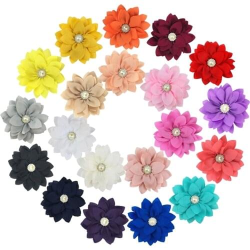 30Pcs/Lot 3.5" Chiffon Flowers With Round Pearl Rhinestone Children Kids Hair Accessories DIY Headband Hairpins Party Ornaments