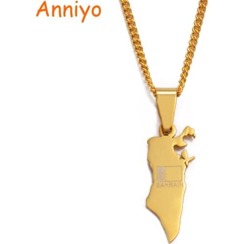 Anniyo Small Size The Kingdom of Bahrain Map With Flag Gold Color Pendant & Thin Chain Necklaces for Women Jewelry Gifts #012221
