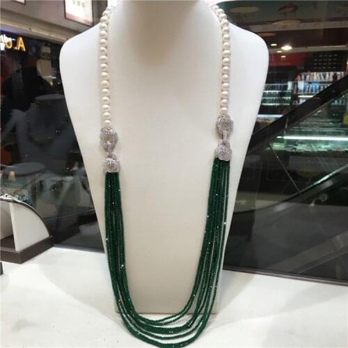 Hot sell double use 9 -10 mm white freshwater pearl necklace green stone multilayer long sweater chain fashion jewelry