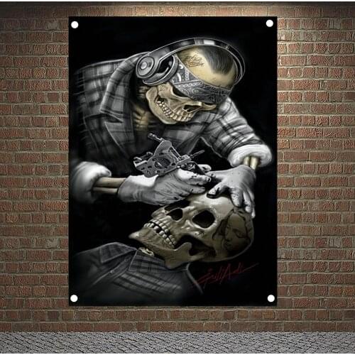 Skull tattoo artist Banners Skull Tattoo Art Flag Canvas Painting Bar Cafe Home Decor Scary Bloody Posters Tapestry Wall Hanging