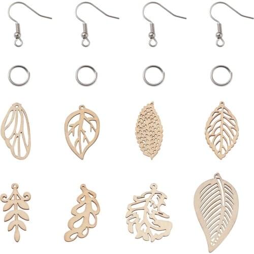 Hollow Leaf Wood Pendants Charms Wooden Big Pendants With Earring Hooks Jump Rings For DIY Earring Jewelry Making Accessories