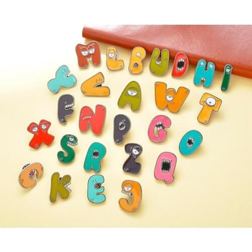 HOSENG 26Pcs/Lot Alloy Coloful English Alphabet Benefit Intelligence Cartoon Brooch For Teacher Children Funny Enamel Pin HS_269
