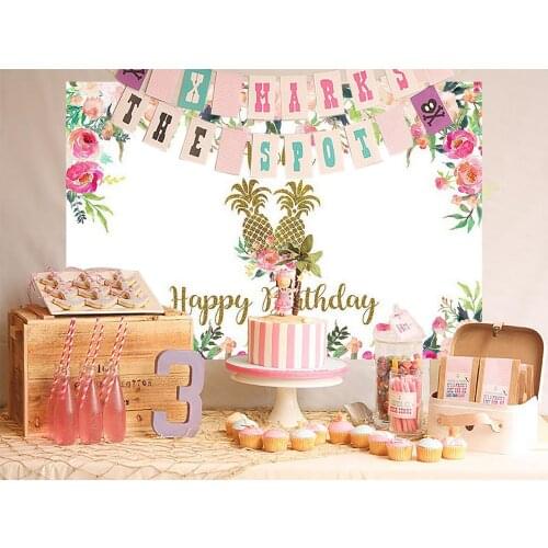 Aloha Birthday Backdrop Floral Pineapple Tropical Party Banner Tiki Hawaiian Glittliering Golden Wording Background Photo Poster