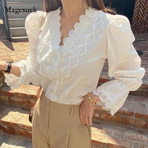 Cotton Lace White V-neck Long Sleeve Fashion Shirts Korean Style Womens Blouse Solid Puff Sleeve Sweet Tops Shirt Female 11013